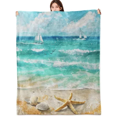 Coastal Beach Ocean Sailboats Blanket features a watercolor