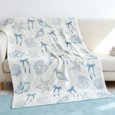 Blue Seashells and Starfish Bows Blanket Coastal Pattern