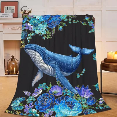 Blue Whale with Flowers Blanket: Marine Life and Floral Art Design