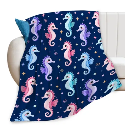 Colorful Seahorses on Navy Blanket: Whimsical Sea Creature Design