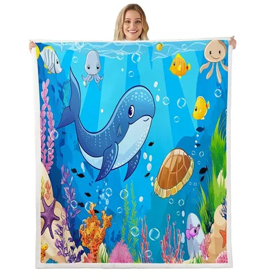 Cartoon Whale and Sea Blanket: Underwater Adventure with Turtle