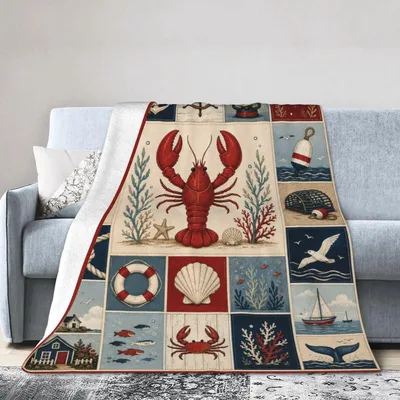 Nautical Lobster Patchwork Pattern Blanket Celebrating Coastal Life