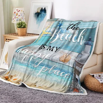 The Beach Is My Happy Blanket: Coastal Seashell and Lighthouse Design