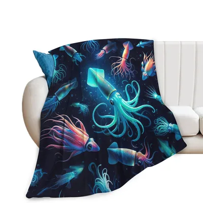 Giant Squid Ocean Scene Blanket: Bioluminescent Deep Sea Art