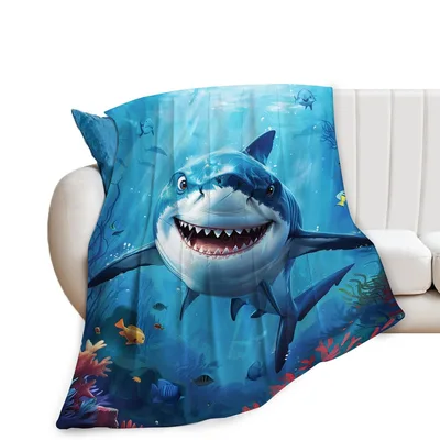 Cartoon Shark Ocean Scene Blanket: A Smiling Predator in Blue Water