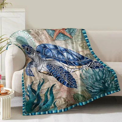 Sea Turtle with Starfish Blanket: Vintage Ocean Map Design