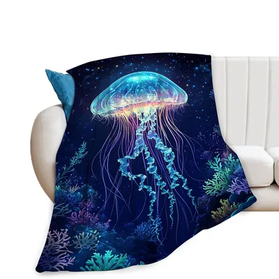 Glowing Jellyfish Ocean Scene Blanket: Bioluminescent Deep Sea Art