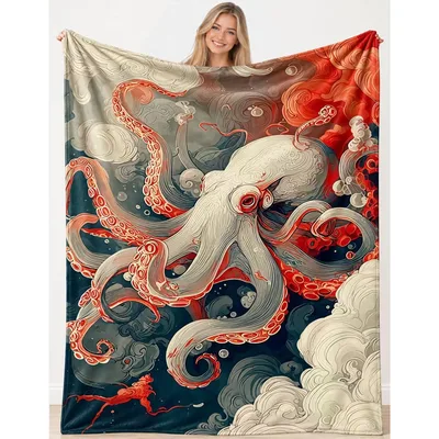 Octopus Tentacles Ocean Art Blanket: Swirling Red and Gray Design