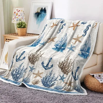 Vintage Beach Seashell Anchor Blanket featuring blue anchors