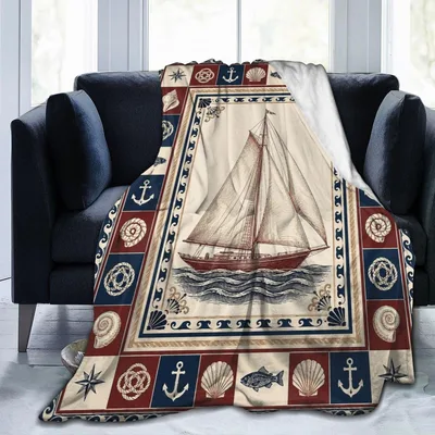 Sailboat Nautical Pattern Blanket: Vintage Ship and Sea Symbols Throw