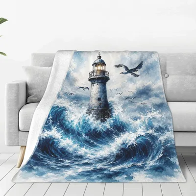Lighthouse in Stormy Ocean Blanket: Stormy Waves Art