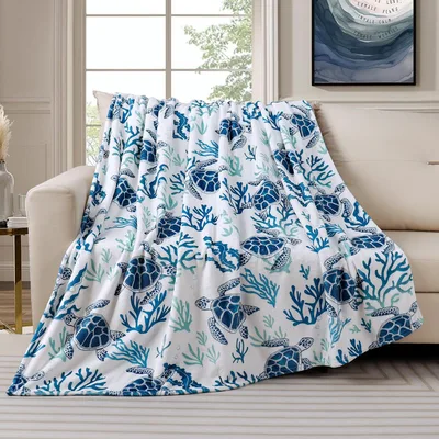 Blue Coral Ocean Pattern Blanket: Sea Turtle and Coral Design