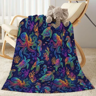 Neon Octopus Sea Turtle Blanket: Neon Aquatic Life Design