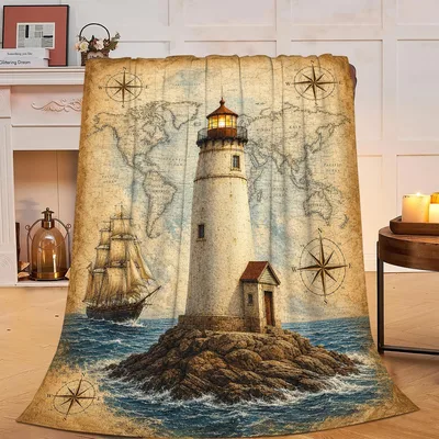 Lighthouse with Nautical Map Blanket: Vintage Sea Tower Design