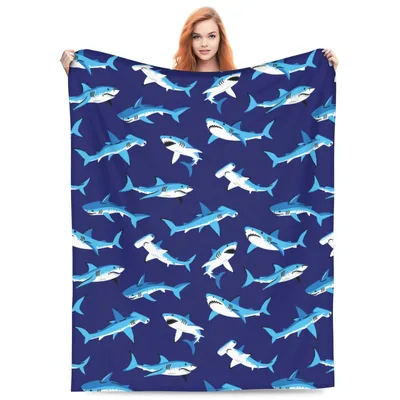 Sharks Pattern on Navy Blanket: Playful Ocean Creature Design