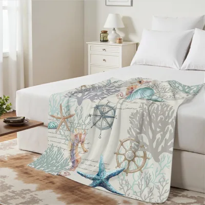 Nautical Coastal Starfish Seashells Blanket: Ocean Life Design