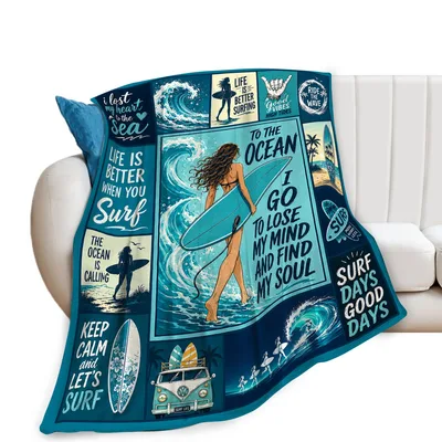 Surf the Ocean Quotes Blanket: Vintage Surfing Collage Design