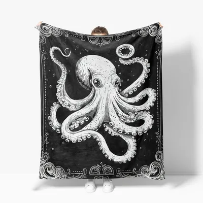White Octopus Ornate Border Blanket: Vintage Sea Creature Design