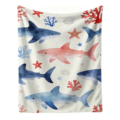 Shark and Starfish Coral Blanket: Watercolor Ocean Life Throw