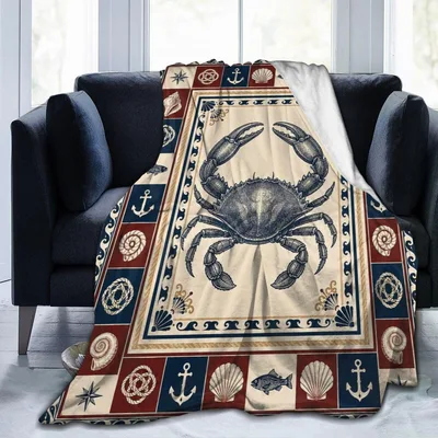 Nautical Crab Coastal Pattern Blanket: Vintage Seafood Illustration