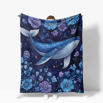 Whale Among Blue Flowers Blanket: A Whimsical Marine Art Print