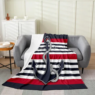 Nautical Anchor Stripes Blanket: Classic Red, White and Navy Design
