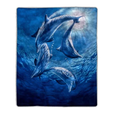 Dolphins Swimming Under Moonlight Blanket: Ocean Art for Cozy Nights