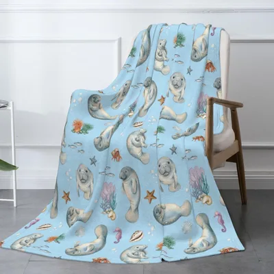 Cute Sea Animals Pattern Blanket: Manatee Ocean Throw Design