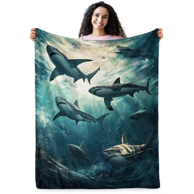 Sharks Swimming Underwater Ocean Blanket for Deep Sea Lovers