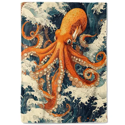 Octopus in Retro Ocean Blanket: Vintage Wave Art for Cozy Nooks