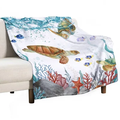 Sea Turtle Underwater Coral Blanket: Ocean Life Design for Cozy Days