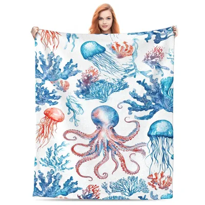 Octopus and Jellyfish Coral Blanket: Watercolor Undersea Life Design