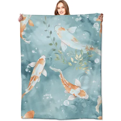 Koi Fish Watercolor Pond Blanket: Serene Aqua Koi Art for Zen Spaces