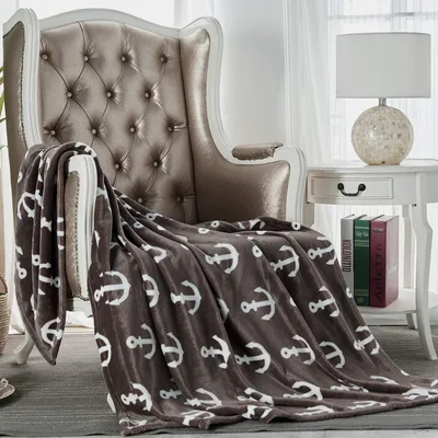 Brown Anchor Pattern Blanket: Nautical White Anchors on Brown Fleece
