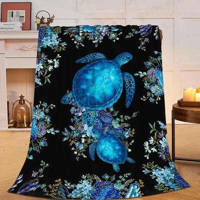 Blue Sea Turtles with Flowers Blanket: Ocean Life and Floral Art