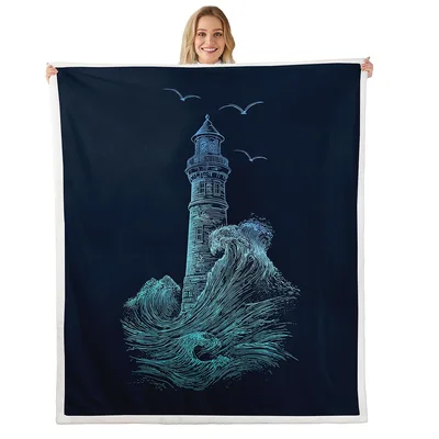 Lighthouse Waves and Seabirds Blanket