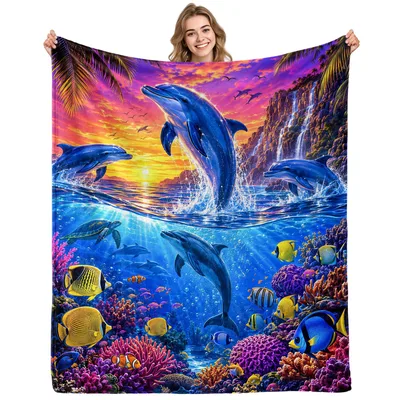 Dolphins Sunset Ocean Coral Blanket: Vibrant Marine Life Design