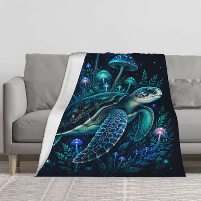 Sea Turtle and Mushrooms Blanket: Fantasy Art for Nature Lovers