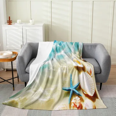 Teal Ocean Beach Starfish Blanket: Coastal Starfish and Shell Design
