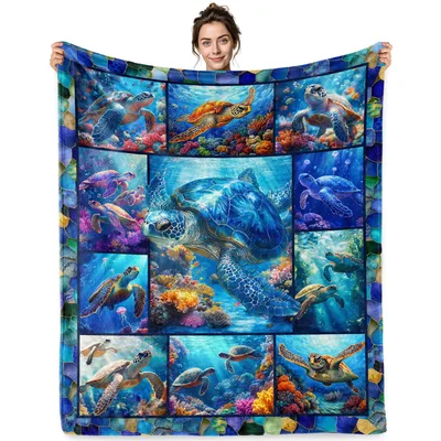 Sea Turtles Coral Reef Patchwork Blanket Underwater Mosaic Art
