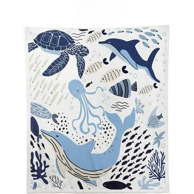 Ocean Whales and Turtles Blanket: A Blue Ocean Scene with Marine Life