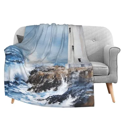 Painted Lighthouse Seascape Blanket: Coastal Art for Your Couch