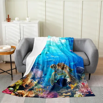 Sea Turtle and Shark Blanket: Underwater Life with Coral and Fish