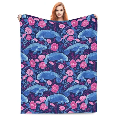 Manatees and Flowers Pattern Blanket: Blue Seacows and Pink Roses