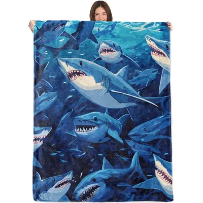 Shark Frenzy Ocean Design Blanket: A swarming blue predator