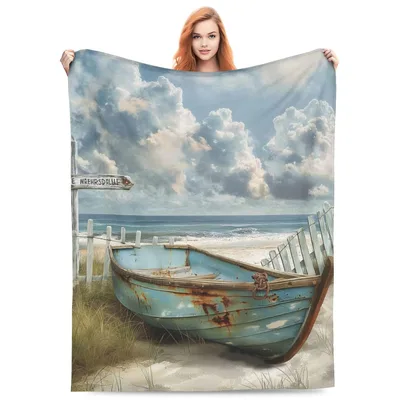 Wooden Rowboat on Beach Blanket: Coastal Art with Rusty Blue Boat