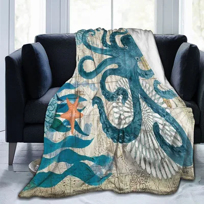 Blue Octopus Nautical Map Blanket: Vintage Sea Creature Design