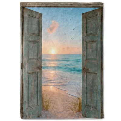 Beach Doorway Sunrise Blanket: Open Wooden Doors to a Coastal Morning