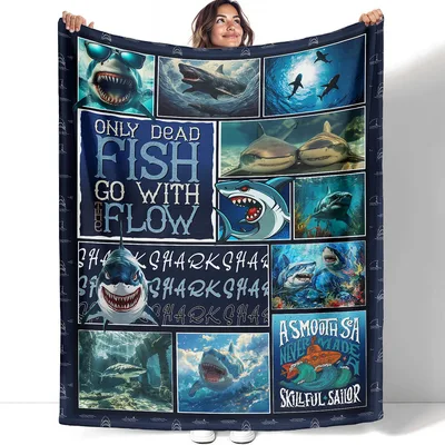 Only Dead Fish Go Blanket: Shark Collage Design for Ocean Lovers