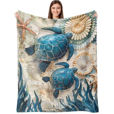 Sea Turtles and Seashells Blanket featuring vintage blue turtles